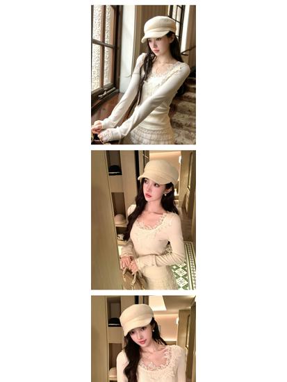 Elegant Slim-fit Floral U-neck Top for Women: Autumn/Winter Collection