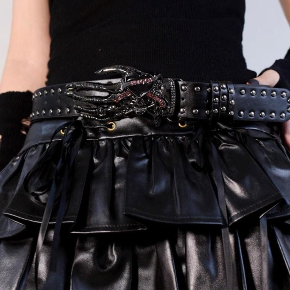 American Punk Skull Rivet Belt Jeans Decor PU Leather Waistbands Love Hand Palm Belt  Daily