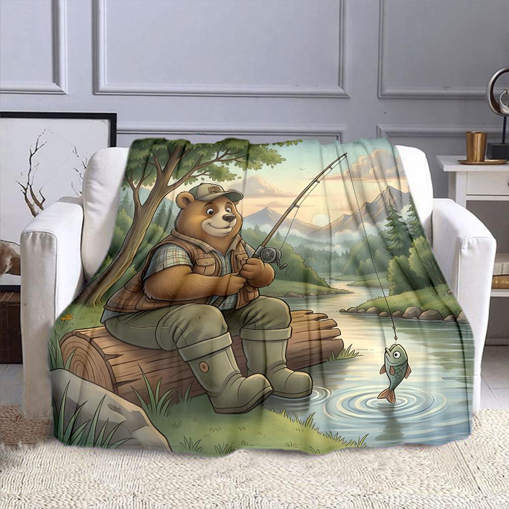 Fishing Bear by River in Forest Scene Patterned flannel blanket perfect for the bedroom living room, sofa, or a little nap