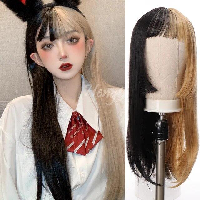 

Синтетические парики для женщин 24 дюйма, химэ, челка с бахромой, красный, фиолетовый, для вечеринки в честь Хэллоуина, предметы для косплея, парик полу-полуцветного цвета 24inches