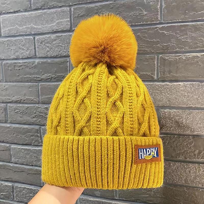 Women Solid Color Thicken Plush Beanie Cap Female Autumn Warm Crochet Hats Autumn and Winter Women's Pompom Knitted Hat