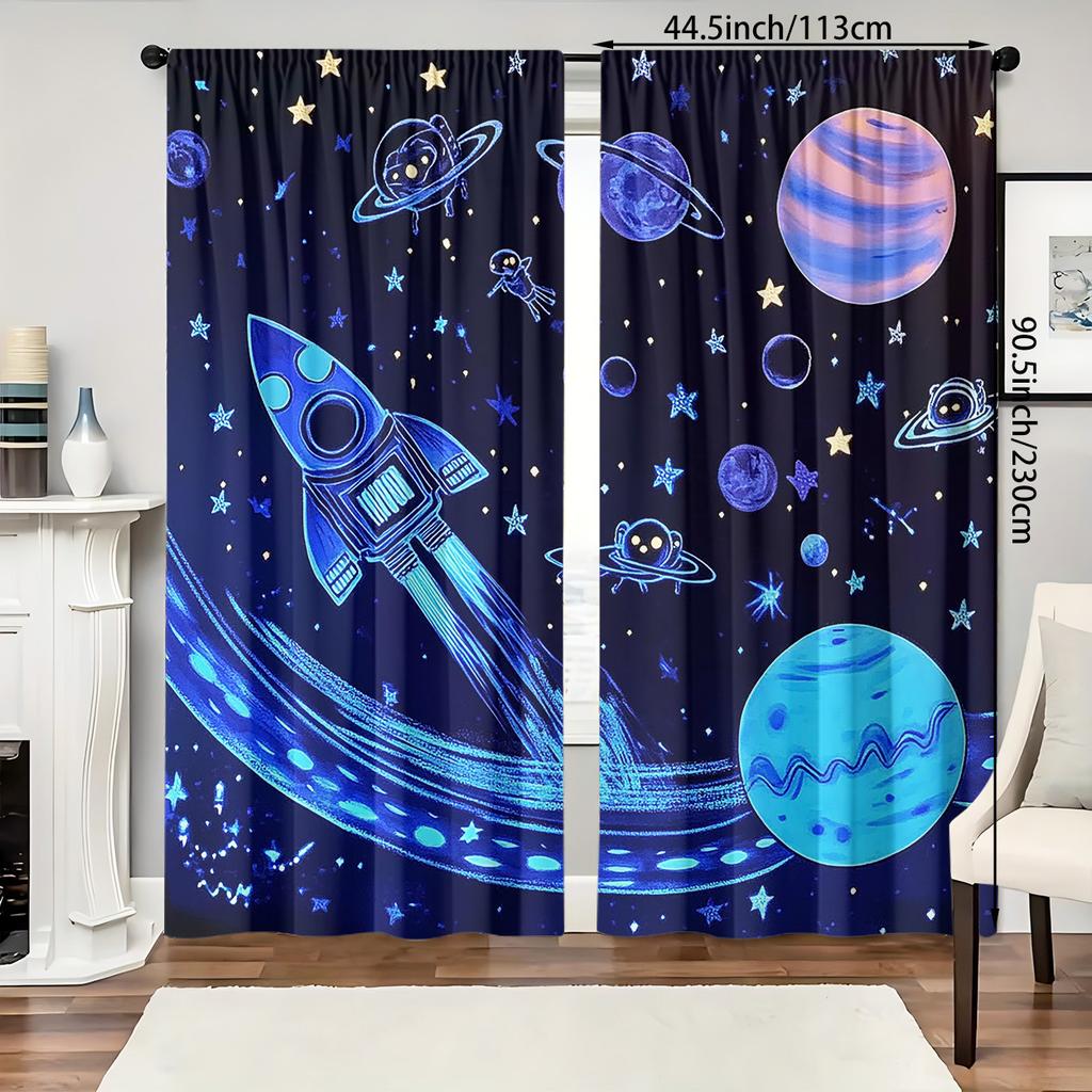 2Pcs Art Deco Space Theme Light-Filtering Curtains, Polyester Rod Pocket Window Drapes, Machine Washable, Fade Resistant, Decora