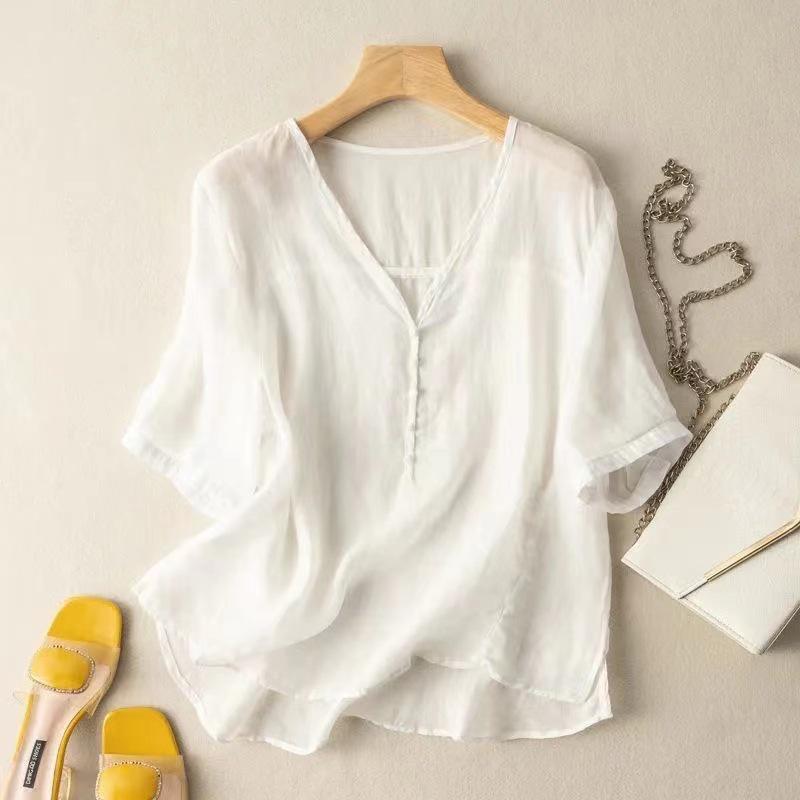 2024 Women's Casual V-Neck Slimming Solid Color Loose T-Shirt