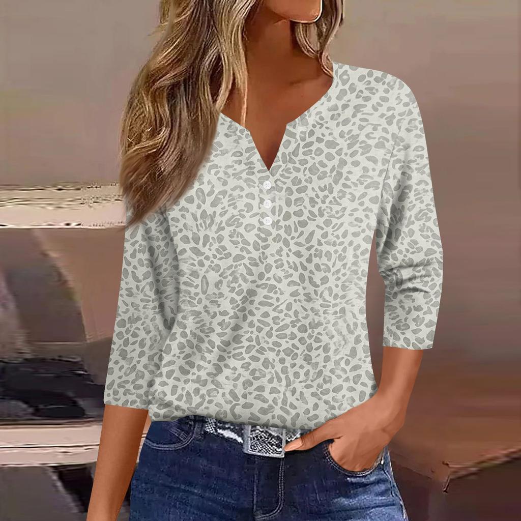 Women's Casual V-Neck Leopard Print 3/4 Sleeve Button T-Shirt Top