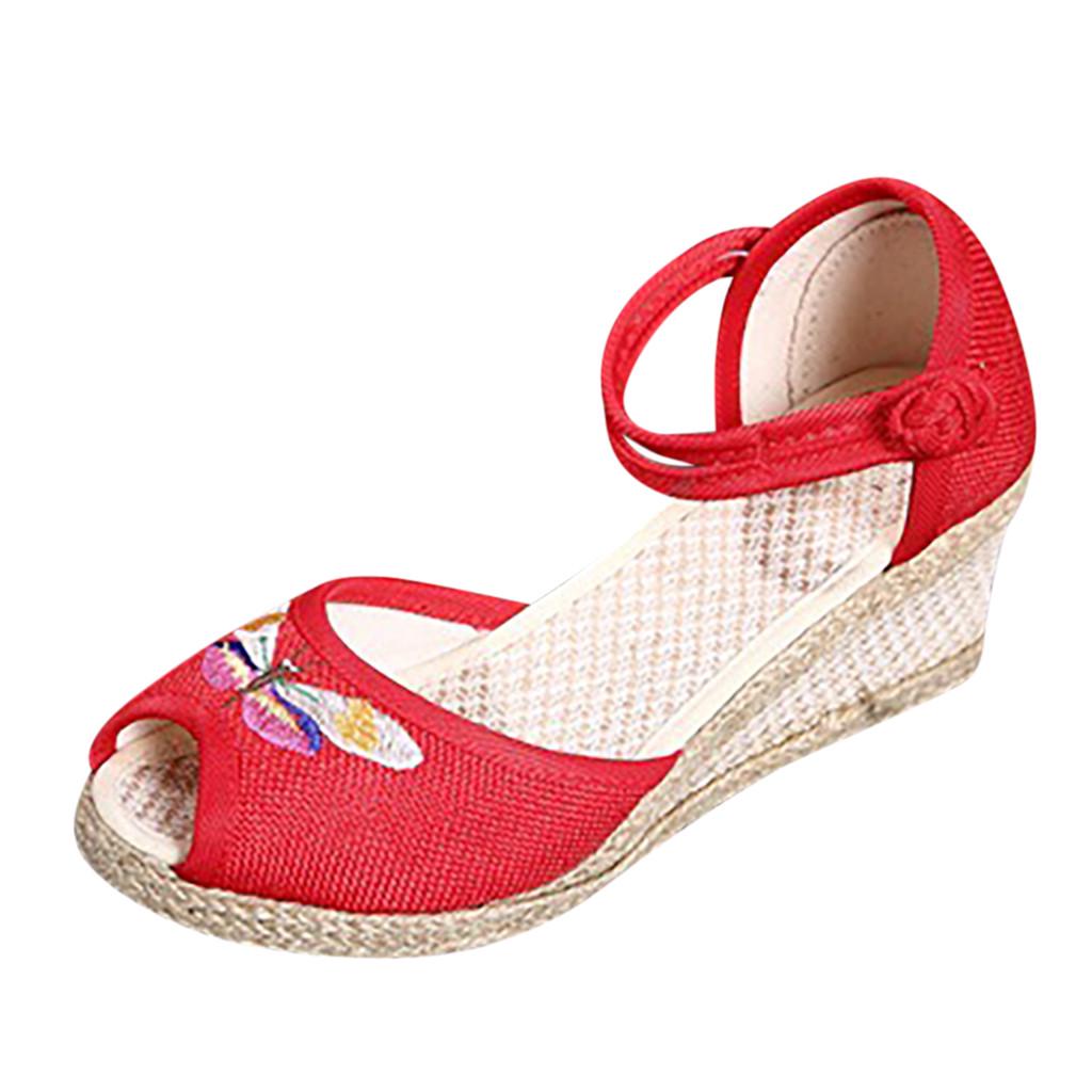 

Женские повседневные сандалии на танкетке с круглым носком и льняной тканью в стиле ретро, обувь для одиночных игр красный