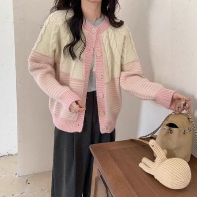 Vintage Striped Knitted Cardigan Women's Clothing Autumn and Winter New Round Neck Loose Casual Lazy Wind Sweater Jacket Women