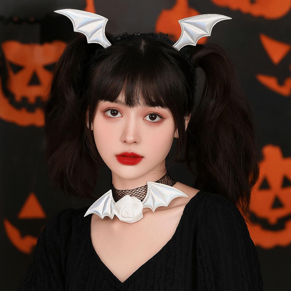 Flower Headband Necklace Set Mesh Halloween Hair Hoop Cute Bat Wings Hairband  Women