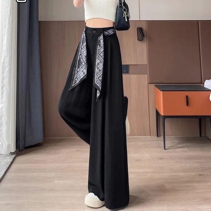 

Women s Summer Lace-up Wide-Leg Pants - Ice Silk Cotton Linen, Floor-Length, Thin Style, 2025 Collection. S чёрный