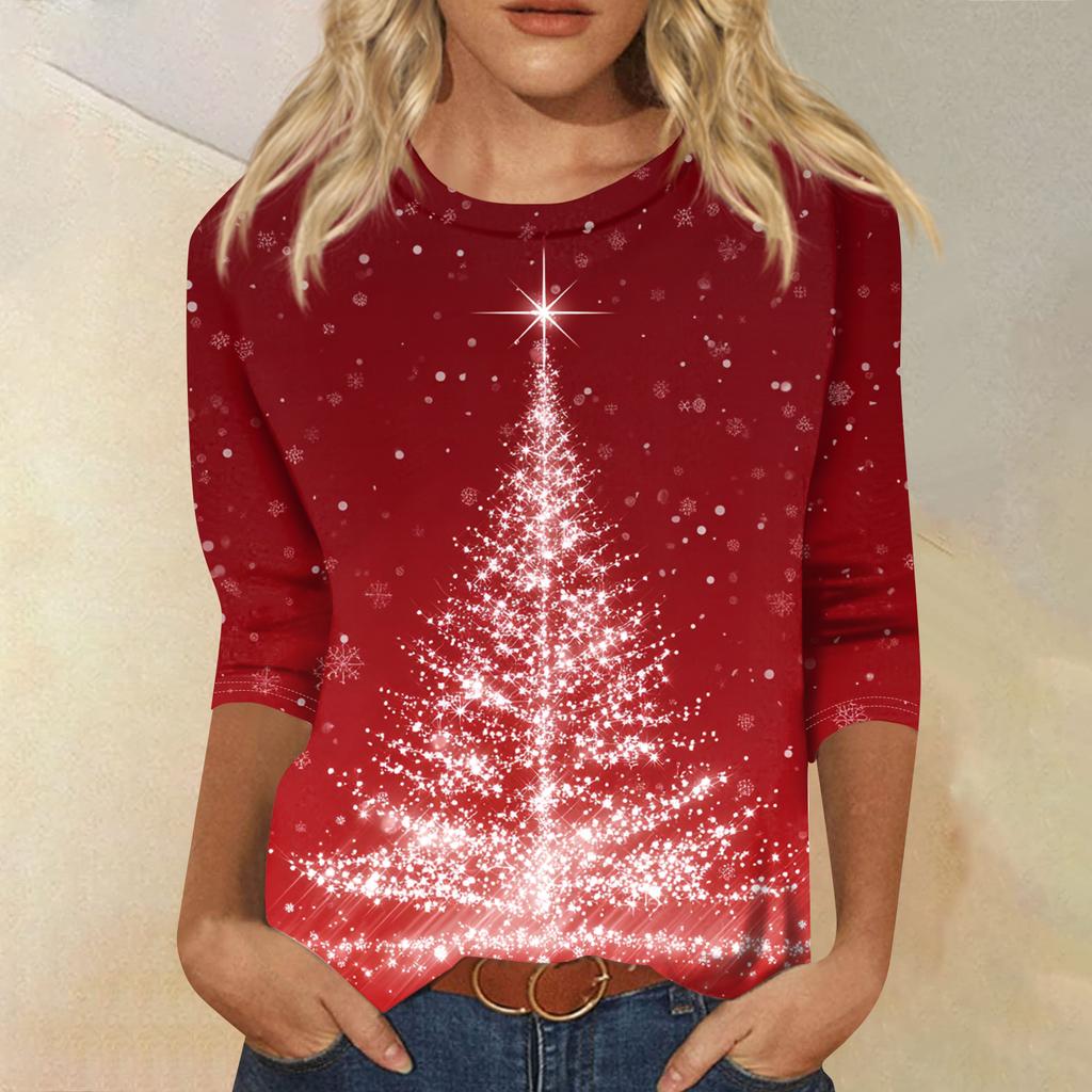 Women's Fashion Casual Round Neck Three-quarter Sleeve Christmas Print T-shirt Top