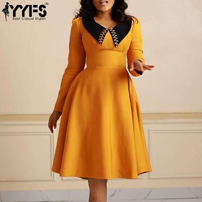 Vestidos casuales de cintura alta con cuello tipo polo y manga larga con estampado de colores sólidos para primavera y otoño para mujer