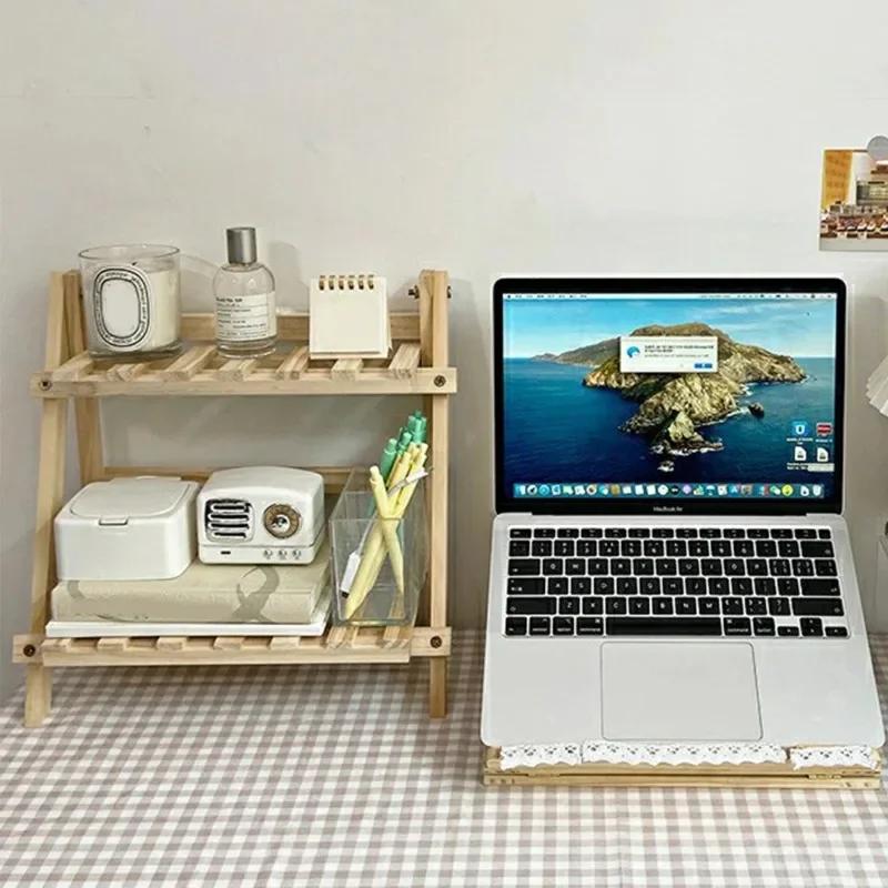 Dřevěný stolní úložný regál, dvouvrstvý organizér, lichoběžníkový skládací rohový regál, police na rostliny a květiny, stolní stojan