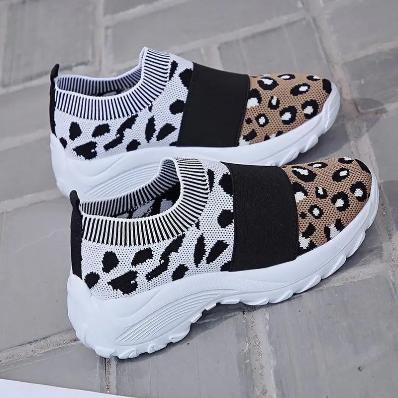 Fashion Women Fashion Leopard Print Chunky Height Increasing Sock Shoes Youth Girls Trainers Breathable Ladies Platform Sneakers Loafers