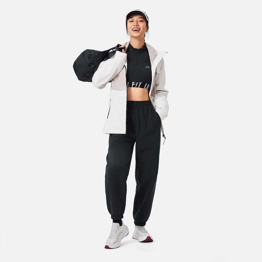 Li-Ning Loose Mid Waist Warm Fleece Lined Drawstring Knitted Sports Pants Women bottoms Black AYKU542-1