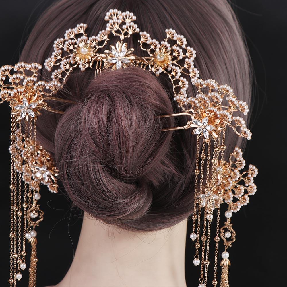 Women Bridal Hanfu Chinese Bride Accessories Pearl Antique Hair Stick Headdress Hairpin Hair Comb
