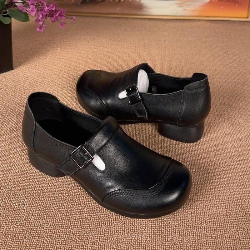 Women s Leather Mary Jane Shoes Comfortable Chunky Heel Casual Pumps with Buckle Strap 35 чёрный