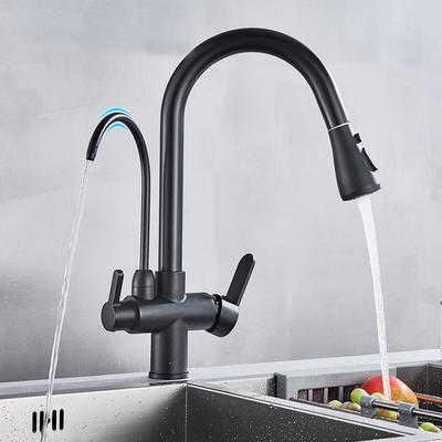 Torneira de Cozinha Preta para Água de Purificação com Filtro Giratório 360°, Torneiras de Água com Mangueira Extensível, Misturador de Água Quente e Fria de 3 Vias