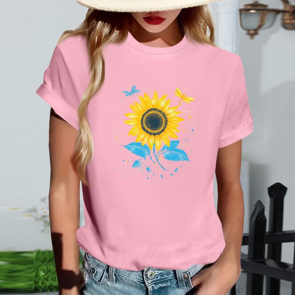 Damen Modisches Rundhals Casual Retro Print Kurzarm T-Shirt Top