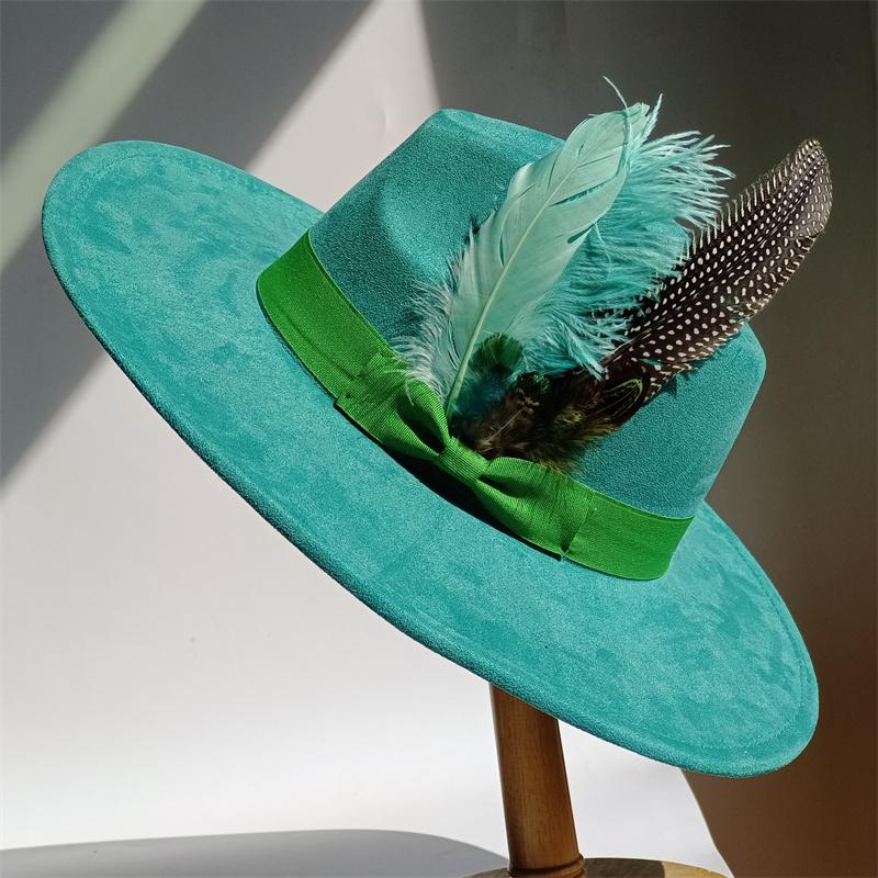 Purple Feathers Suede Top Hat 9.5Cm Wide Brim Fedora Hat Men Women Autumn Winter Felt Jazz Hats Classic Church Fedoras Sombrero
