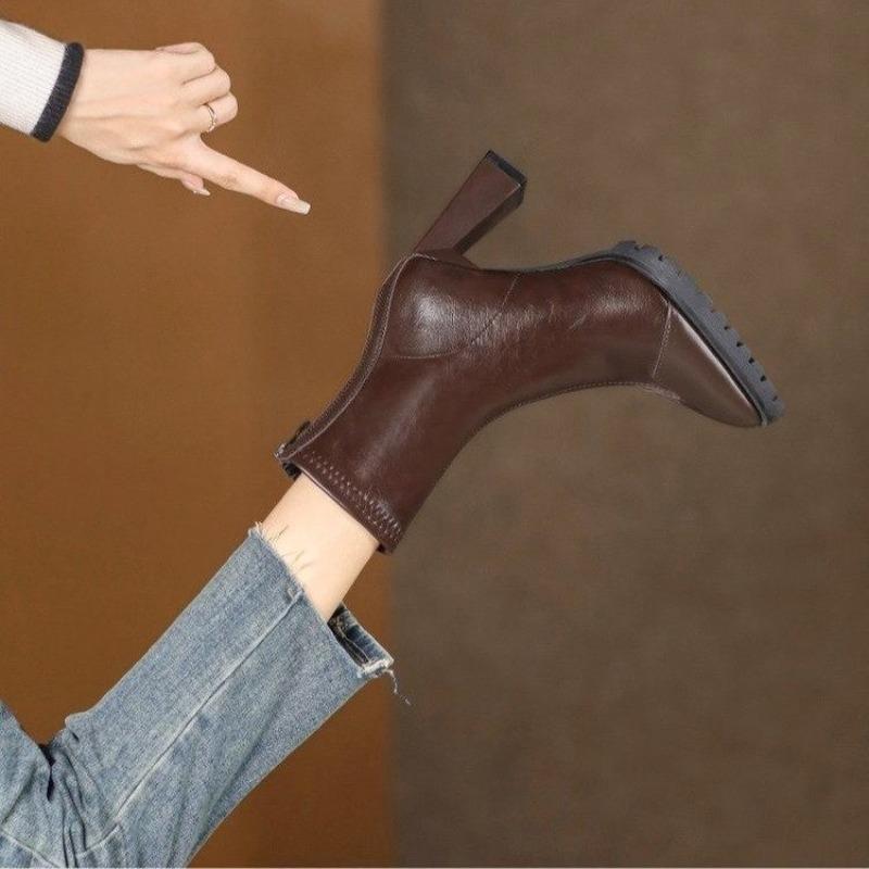 Block Heel Skinny Boots Fall Winter New Pointed Toe Way Leather Back Zip Platform Non-Slip Booties