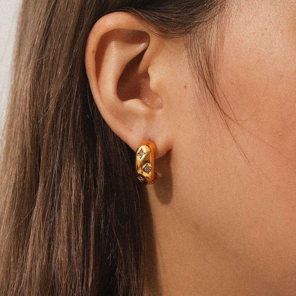 18K Gold C-shaped Stainless Steel Earrings with Zircon Inlay, Stylish Light Luxury Titanium Steel Ear Jewelry