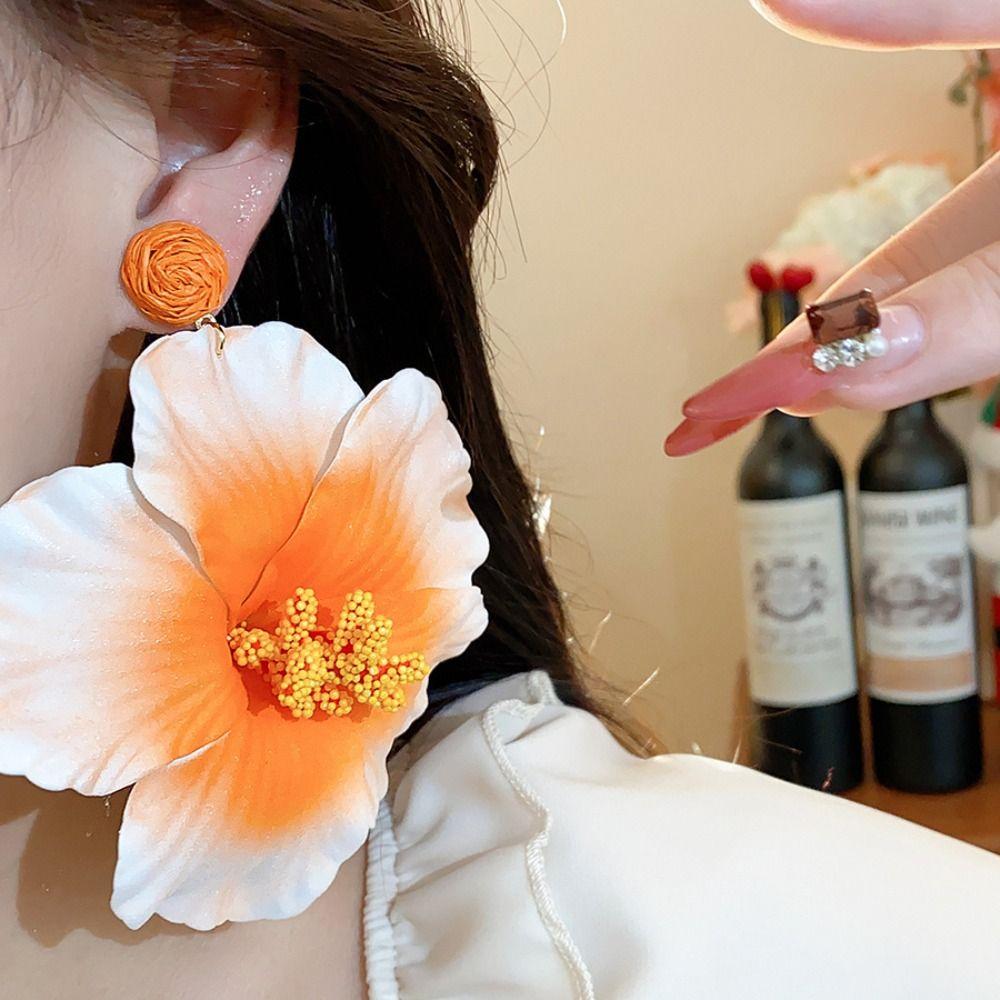 Silver Needle Simulated Flower Drop Earrings Beach Jewelry Lafite Grass Earrings  Wedding