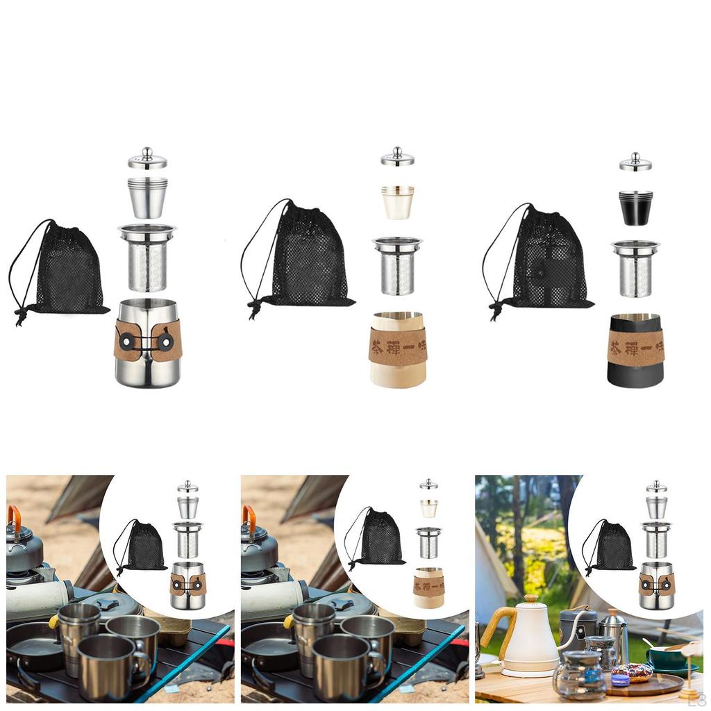 Camping Teekessel Tassen Set Camp Geschirr Verbrühschutz Leicht zu Reinigen mit Netz-Aufbewahrungstasche für