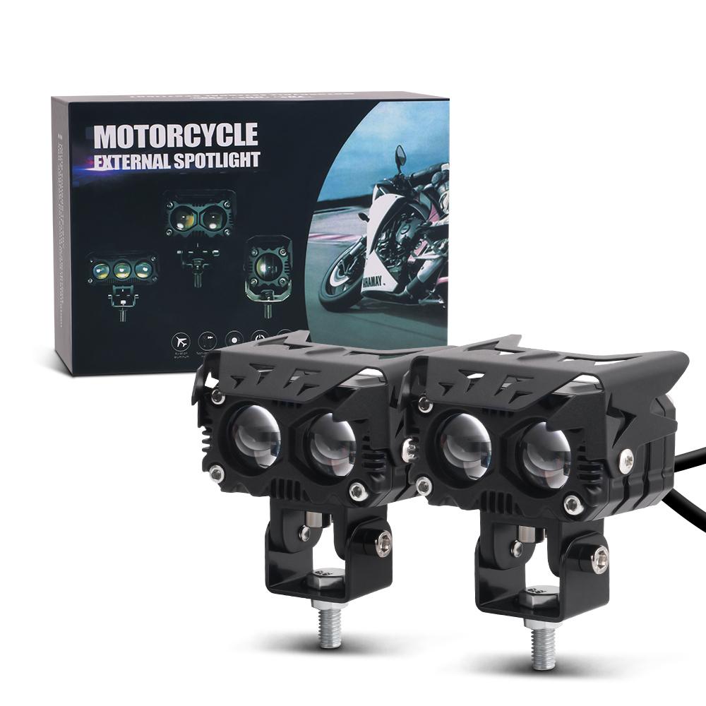 2pcs Led Motorcycle Lights External Headlights Spotlight Dual Color Three Eye Binocular Lens Convex Lens Motorbike Accessories