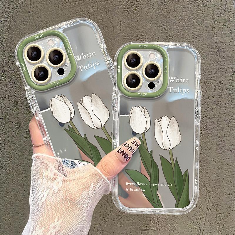 

White Tulips Suitable for Apple 16 Mobile Phone Case 15 Full Cover Anti-fall 14 Mirror Cream Shell 13 High-end 12 Creative iPhone 7 Plus/8 Plus
