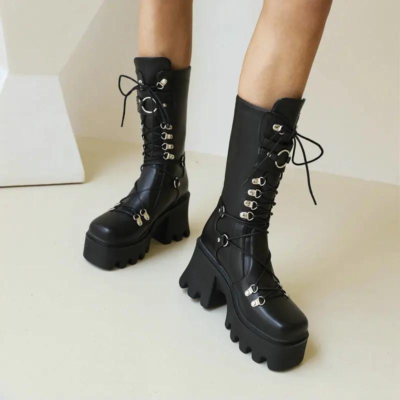 Fashion Autumn/winter boots for women patent leather mid-leg boots for women belt buckle muffin platform motorcycle boots for high boot