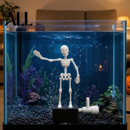 Freshwater Aquarium Landscaping Halloween Dancing Skeleton, Bubble Driven Moving Joints Skeleton Decorations Ornament, Realistic Swing Skull