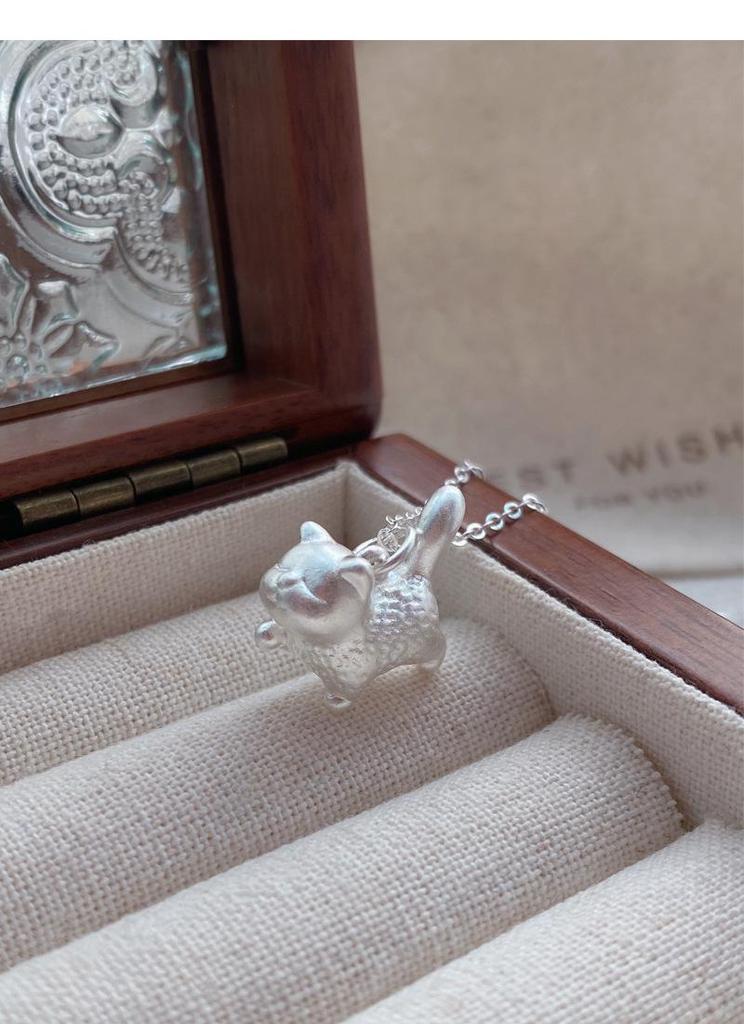 S999 Sterling Silver Cute Cat Necklace for Women - Korean Style 3D Small Cat Pendant on Light Luxury Clavicle Chain