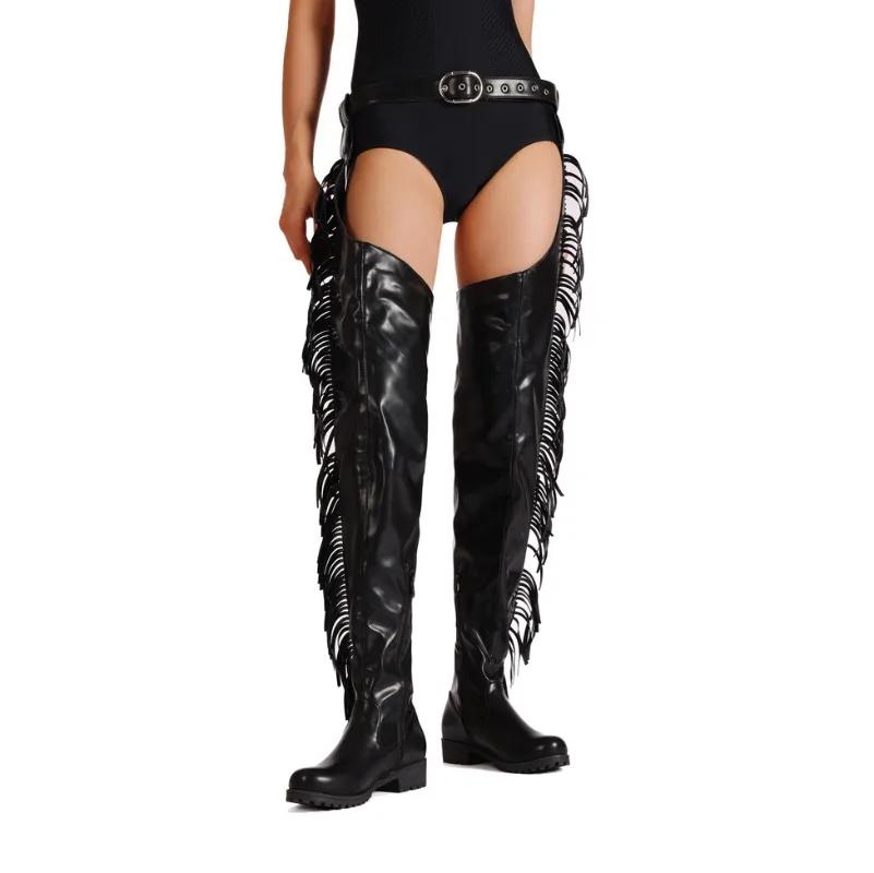 Fashion Side Zipper Tassel Belt Buckle Black White Pants Boots Women's Round Toe Low Heel Nightclub Pole Dance Sexy Motorcycle Boots 43