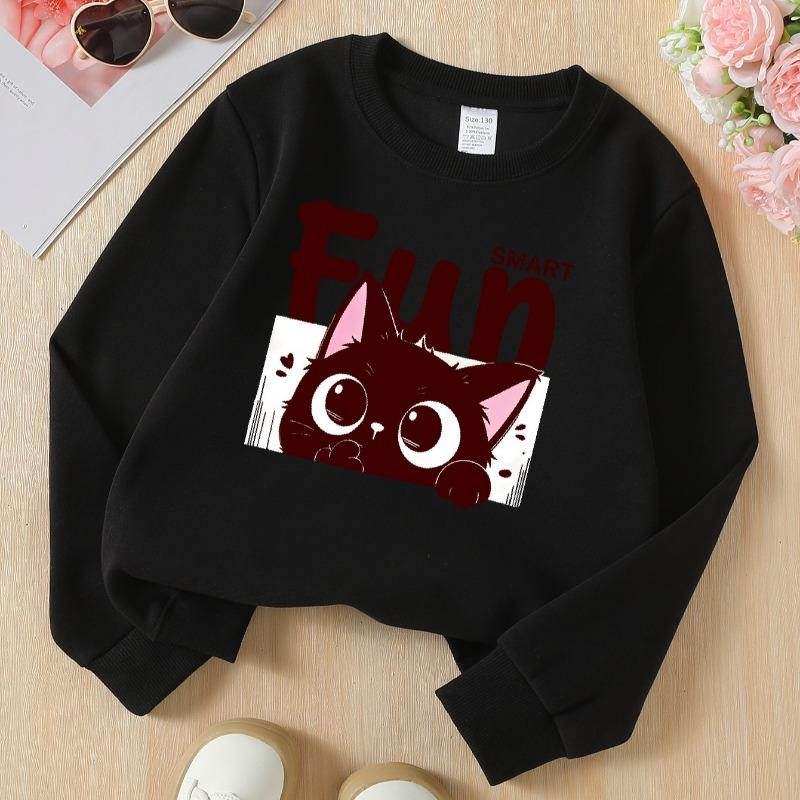 Kids Crewneck Sweatshirt, Fun Black Cat Cartoon Print, Soft Casual Pullover for Fall Winter