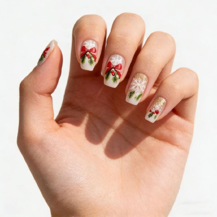 24PCS Artificial Nail Winter Snowflake Bows Design Artificial Nail For Professional Daily Use Manicure Fingernails