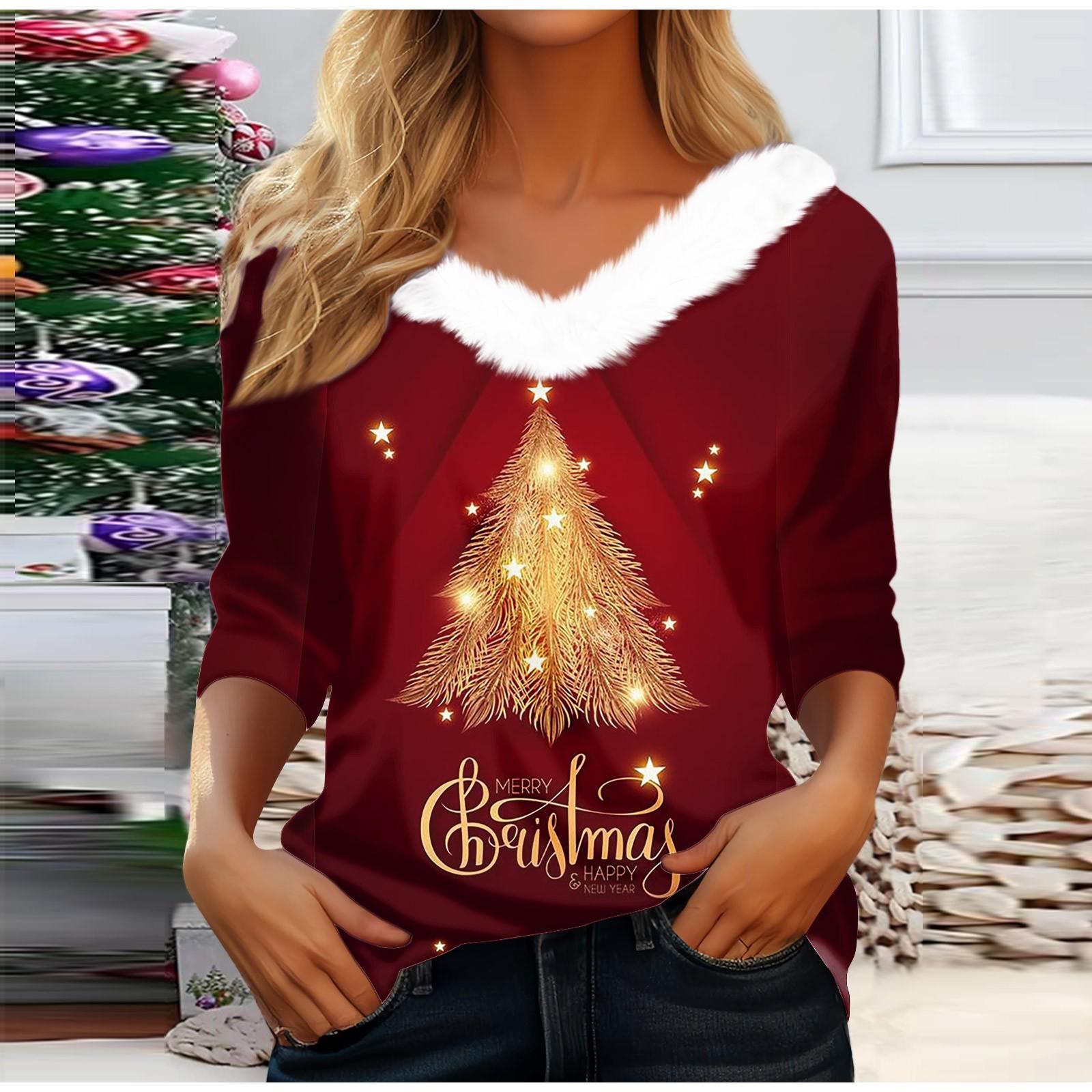 

Рубашки с длинным рукавом для женщин Милые топы Рождественские принты Футболки Блузки Повседневные топы больших размеров Базовые топы Пуловеры L