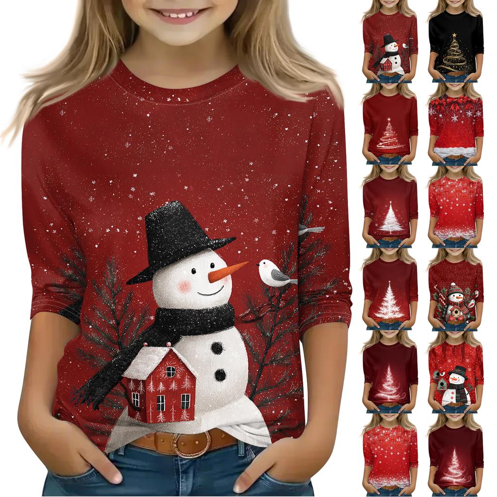 Christmas Day Print Tops For Youth Girls 4-11 Years Round Neck 3/4 Sleeves T-Shirts Trendy Tops Outfit Tees