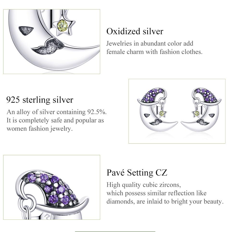 Bisaer Cercei cu știfturi din argint Sterling 925, cu desene animate, Moon Star, violet, neobișnuiți, pentru femei, bijuterii de argint de modă