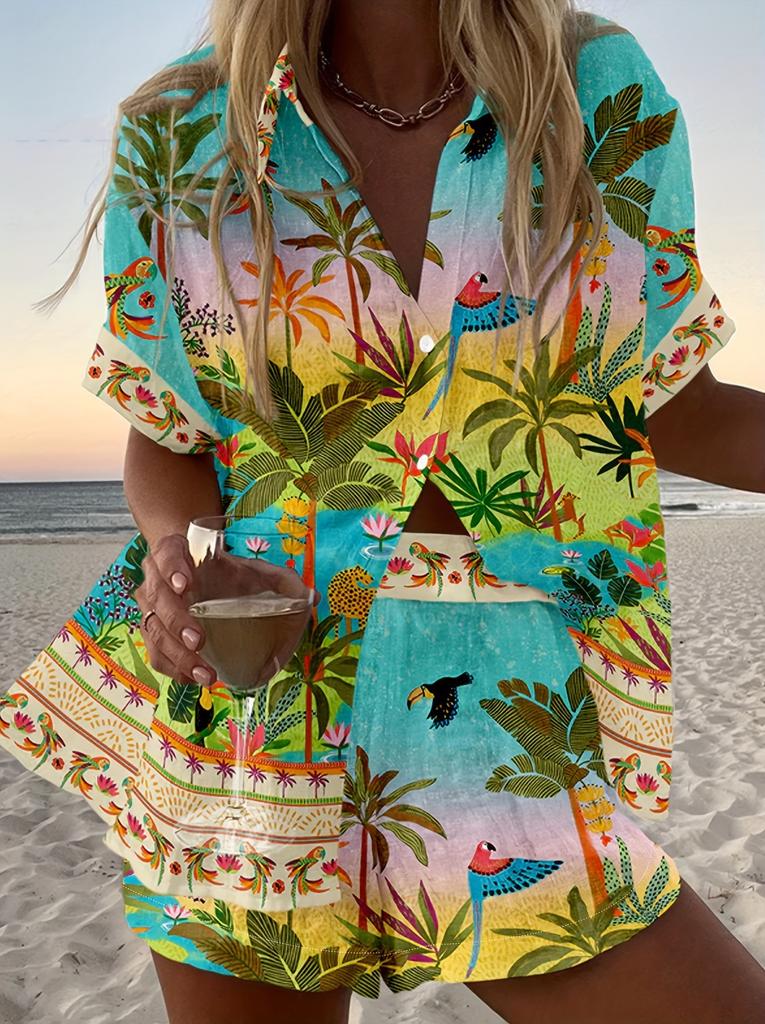 Cartoon parrot island style suit female, casual and versatile, comfortable and breathable beach two-piece set