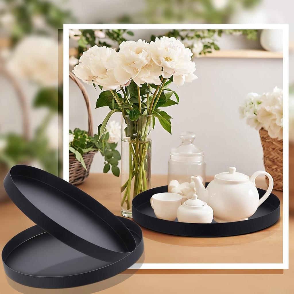 2 Pcs 11.8" Black Round Tray Metal Coffee Table Tray Candle Holder Tray Centerpiece Decorative Serving Tray Farmhouse Modern Holder Tray for Home