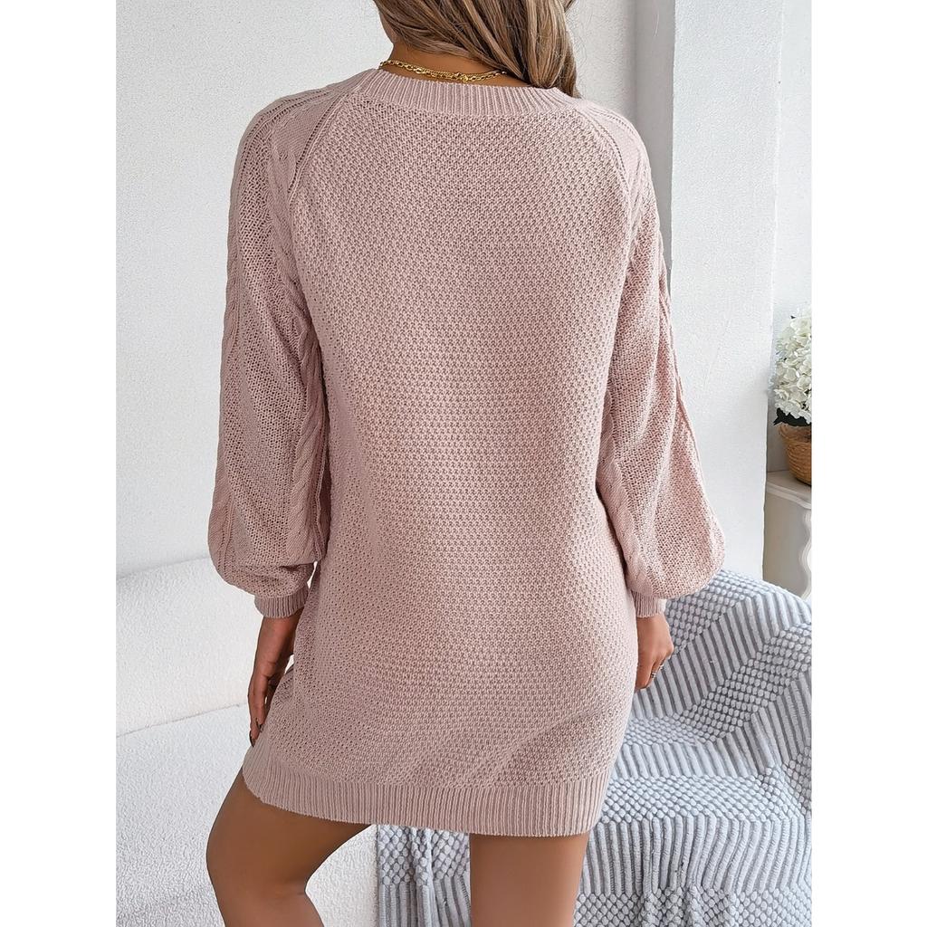 QICED Autumn and Winter Solid-color Twisted Waist Lantern Long-sleeved Woolen Dress Women's Clothing