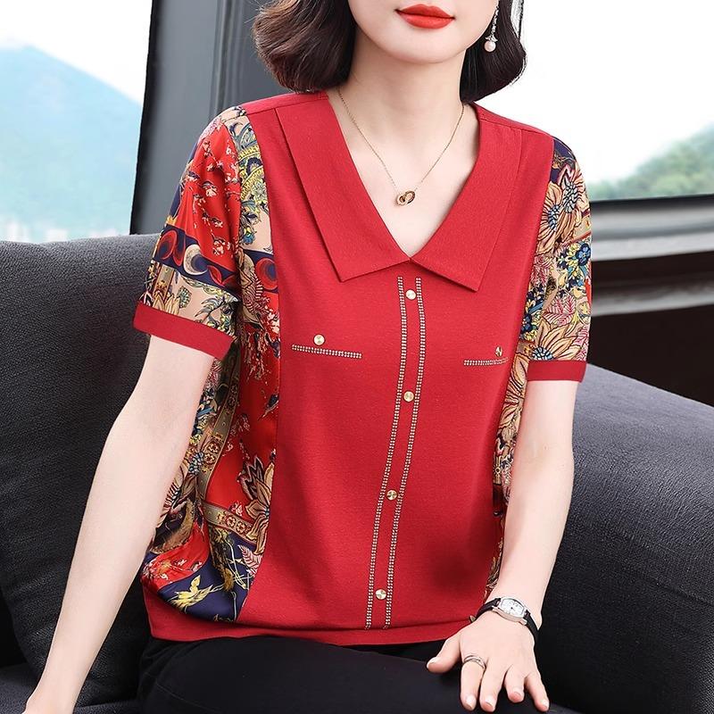 Short-sleeved T-shirt Women's Summer New Doll Collar Mother T-shirt Large Size Fat Mm Loose Women's Top