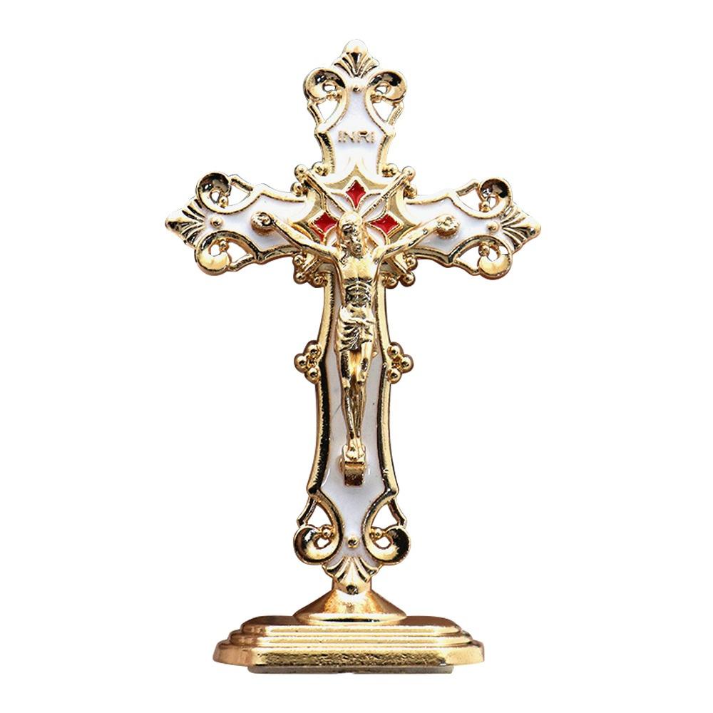 Golden Cross Ornaments Double-sided Tape Metal Statues Creative Handicrafts Oil Droped Colors Car Ornaments Christ On The Stand