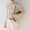 Female Hollow V-neck Knitted Cardigan Thin Cover Long Sleeved Solid Color Top Fashionable