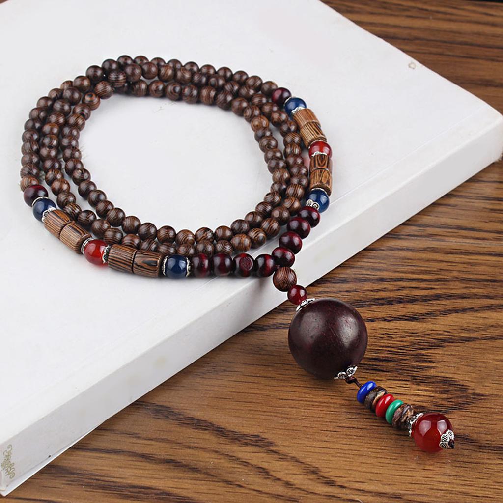 Ethnic Handmade Wood Rosary Beads Necklace Eco Friendly Wood Beaded Necklace Adjustable Length Boho Sweater Neck Jewelry