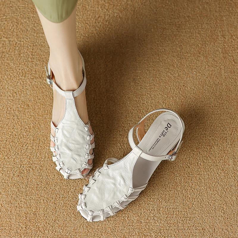 Fashion NEW Summer Women Sandals Genuine Leather Shoes for Women Round Toe Chunky Heel Shoes Elegant Cover Toe Slingback Hollow Sandals