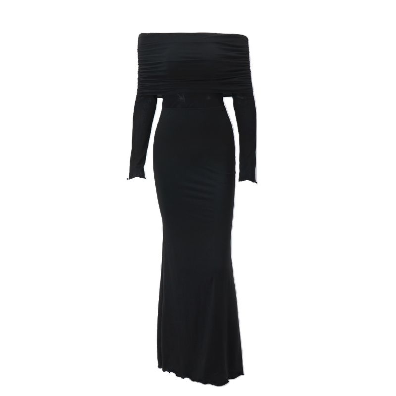 Goddess Temperament Sexy off-the-Shoulder Skinny Sheath Fishtail Dress Sexy Mesh Midriff Outfit Long Sleeves Dress Female Autumn