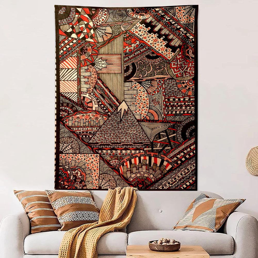 Intricate geometric patterns with red, black, and white abstract designs. Patterned tapestry for bedroom and living room home decor