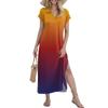 Damen Langer Rock Lässiges V-Ausschnitt Langes Hemdkleid Lockerer Schlitz Urlaub Kurzarmkleid