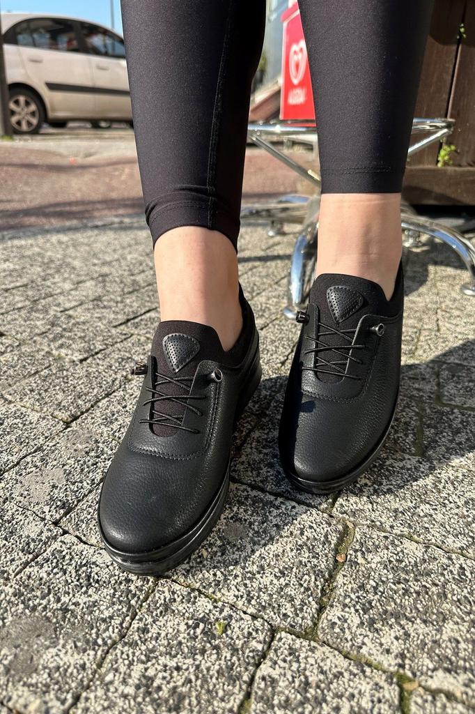 Women's Fashion Faux Leather Flat Heeled Ballerinas Orthopedic Daily Ballerinas Black Mother Comfortable Sole Flexible Lacing Detailed Shoes