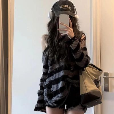 Gotycki Streetwear Paski Dzianinowy Sweter Damski Harajuku Punk Hollow Out Sweter Z Dziurami Luźne Topy Na Wszystkie Mecze